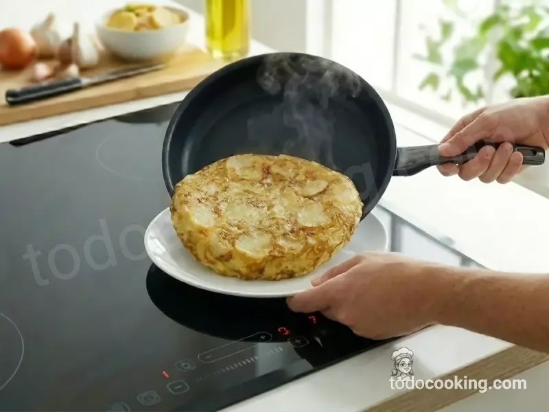 Tortilla de patatas en sartén pasando a plato