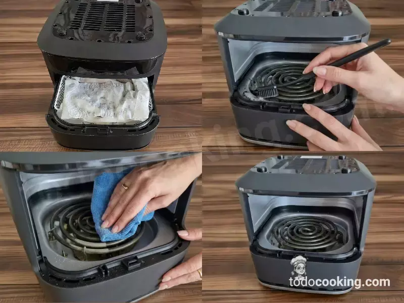 Limpiando la resistencia de la freidora de aire con un cepillo suave