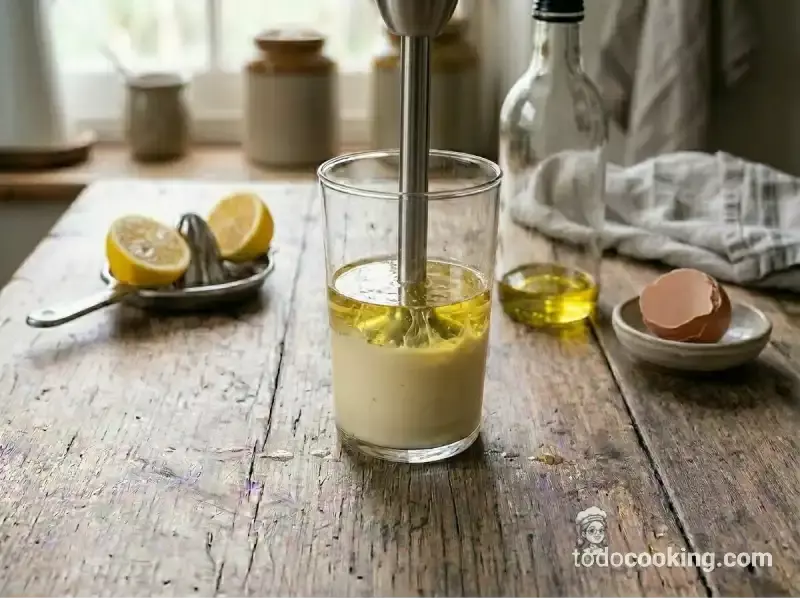 Truco para que la mayonesa no se corte: batidora apoyada en el fondo del vaso
