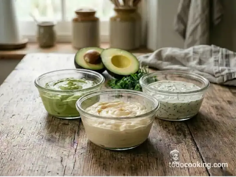 Diferentes variantes de mayonesa: mayonesa de aguacate keto y mayonesa de hierbas frescas