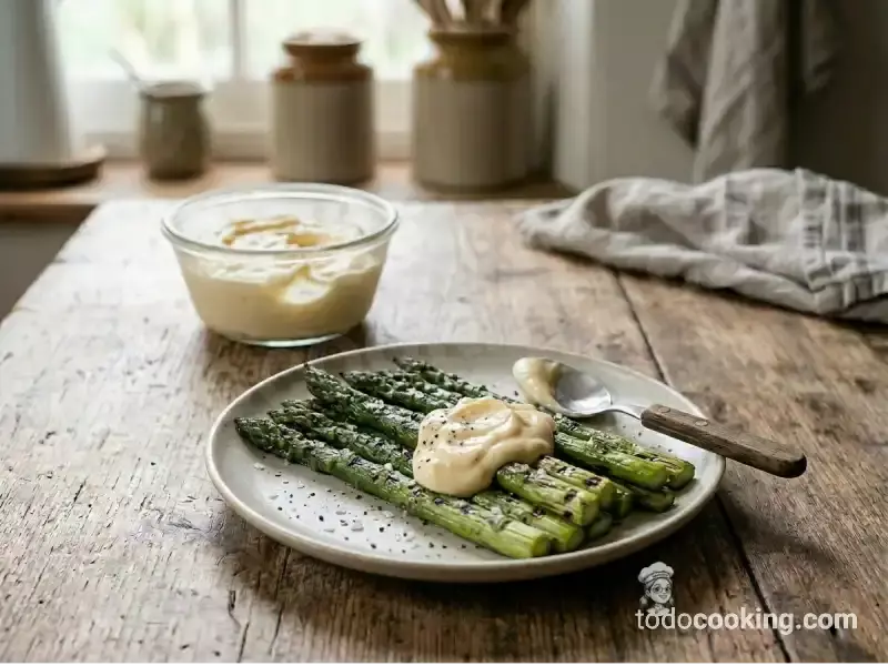 Espárragos verdes a la plancha con mayonesa casera cremosa por encima