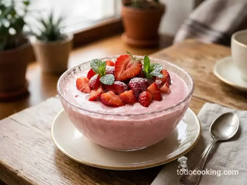 Mousse de fresas casera en bol, cubierta con trozos de fresas frescas y menta, postre rápido sin horno