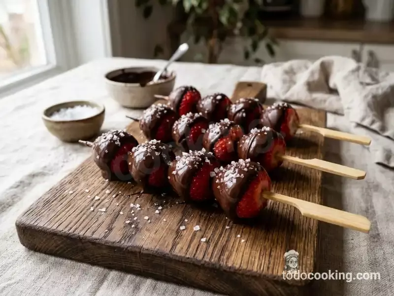 Brochetas de fresas cubiertas de chocolate con sal gruesa, postre fácil y rápido sin horno