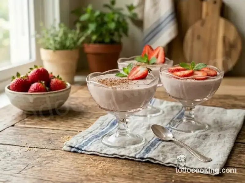 Natillas de fresas caseras servidas en copas, decorado con fresas frescas y hojas de menta, postre fácil y sin horno