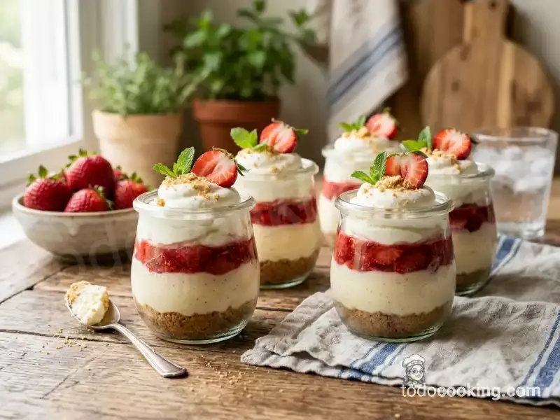 Vasitos de cheesecake de fresas con crema, base de galleta y menta fresca, ideal para una receta rápida y sin horno.