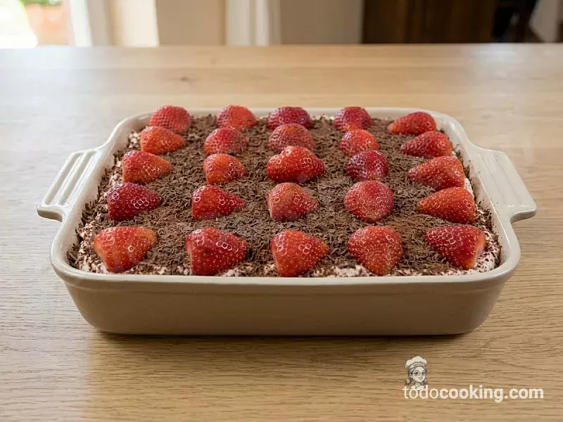Vista superior de una bandeja rectangular con tiramisú de fresas casero, decorado con fresas frescas y chocolate rallado.