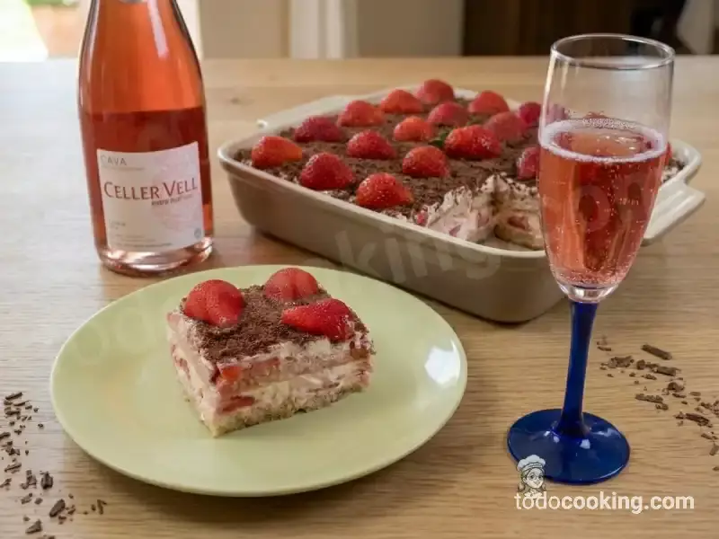 Porción de tiramisú rápido de fresas acompañada de una copa de cava rosado, sobre mesa de madera.
