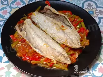 Plato final de caballa a la moruna con salsa de tomate, especias magrebíes.