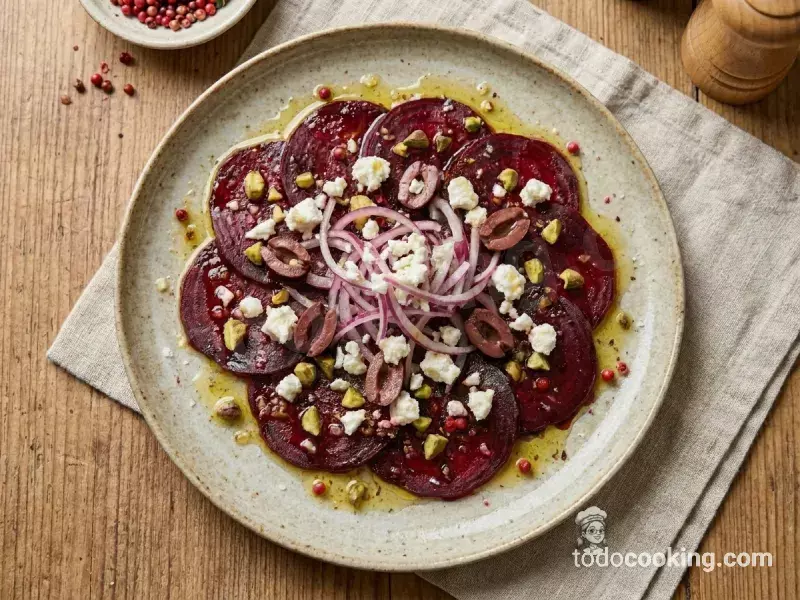 Carpaccio de remolacha con queso feta y pistachos