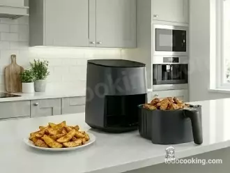 Freidora de aire con alitas de pollo y patatas gajo