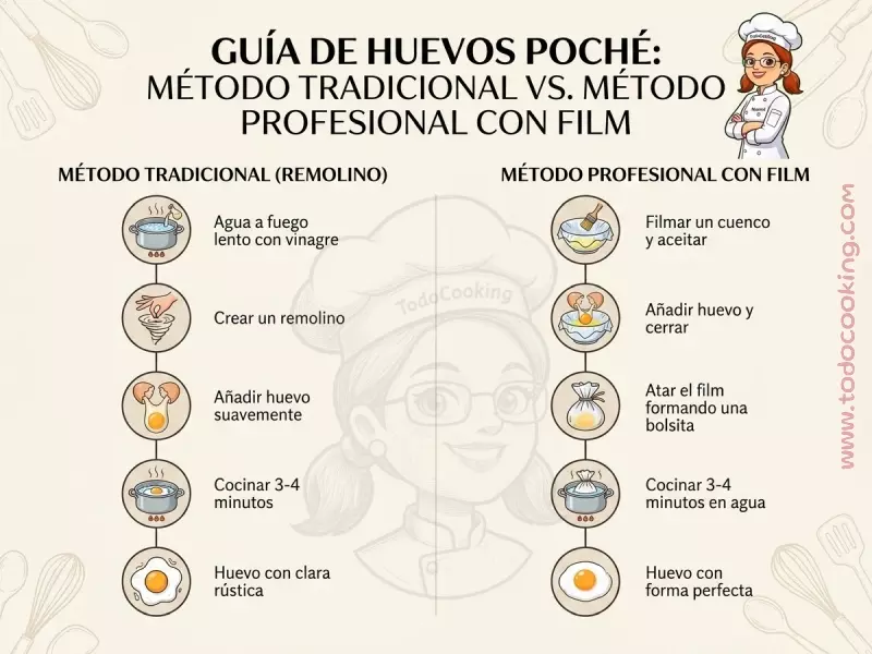 Infografia Huevos poché (metodo tradicional y profesional)