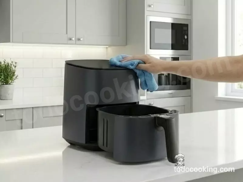 Limpieza de Airfryer sobre una encimera con paño microfibra