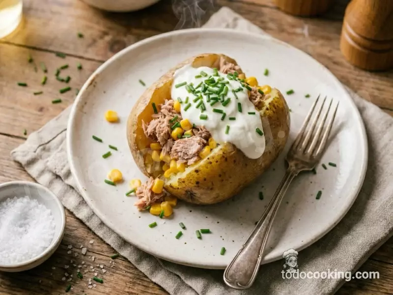 Patata asada rellena de atún y maíz