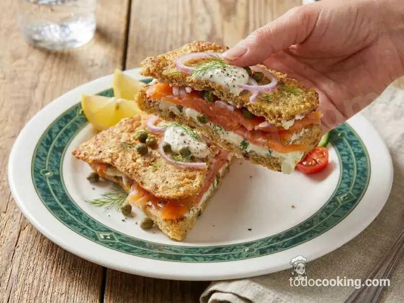 Sandwich Finas Hiervas Queso Salmon 2 mitades en mano