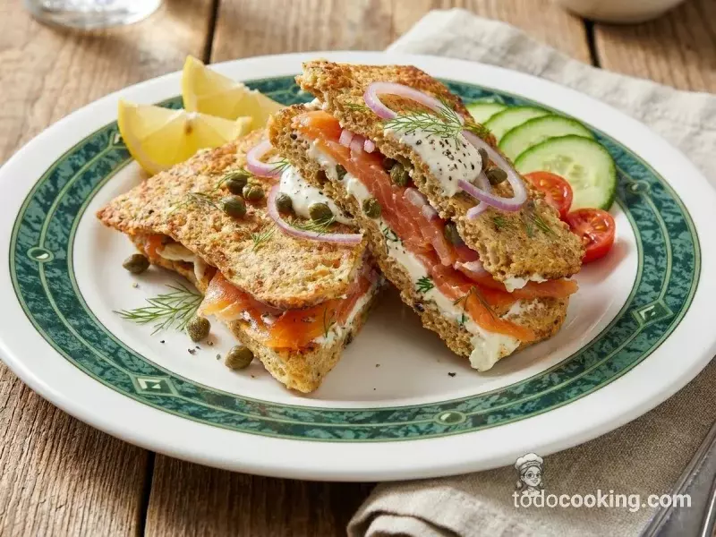 Sandwich Finas Hierbas Queso Salmon 2 mitades en plato