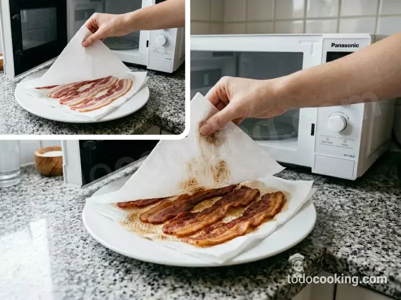 Resultado de cocinar bacon crujiente y sin grasa en el microondas