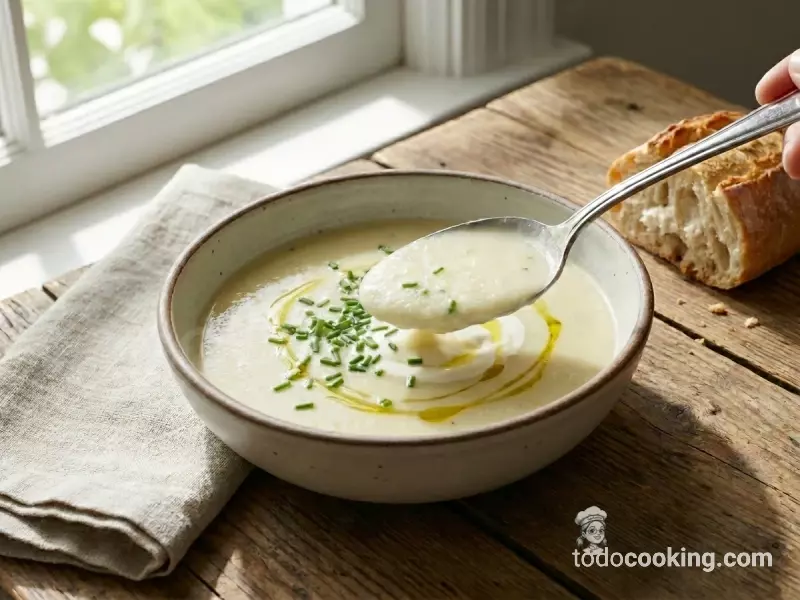 Vichyssoise en un cuenco y una cuchara en primer plano con un poco de crema.