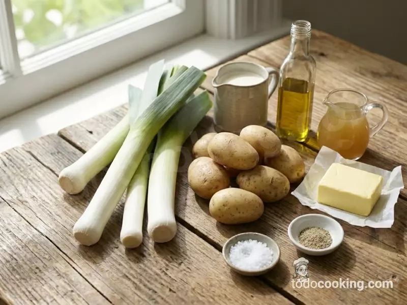 Ingredientes para hacer vichyssoise casera: puerros frescos, patatas, nata líquida y mantequilla sobre una mesa de madera