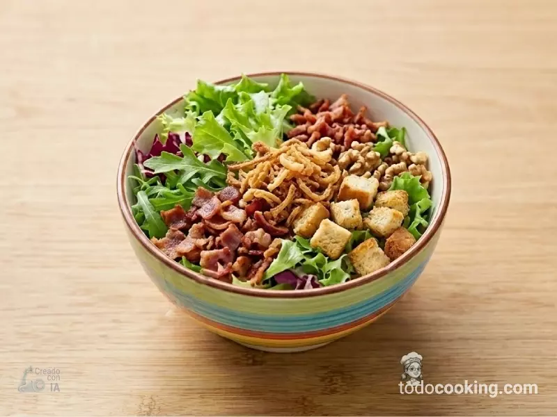 Ensalada gourmet con bacon crujiente y cebolla frita