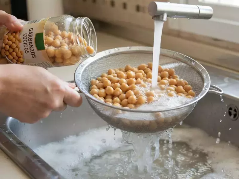 Enjuagando garbanzos bajo el agua