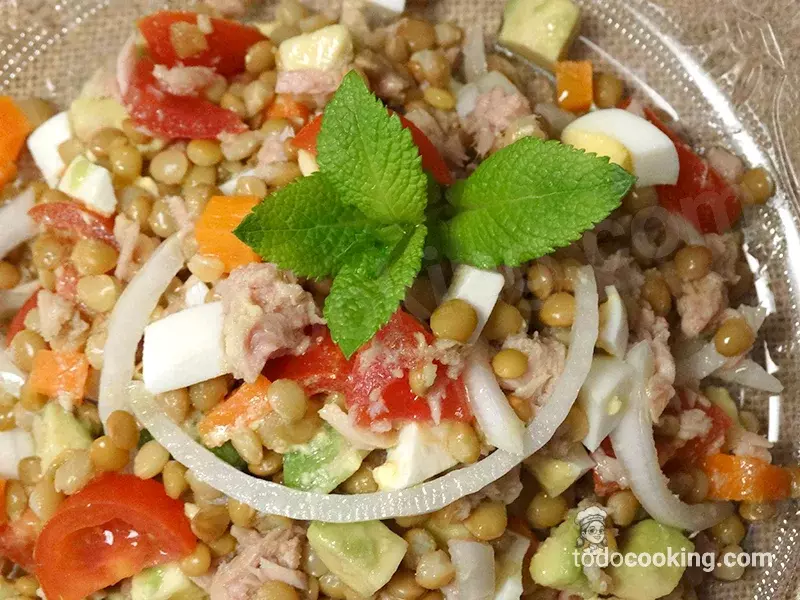 Ensalada de lentejas con aguacate y atún detalle cerca