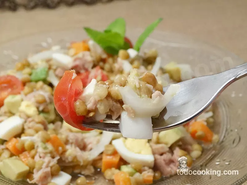 Ensalada de lentejas con aguacate y atún tenedor primer plano
