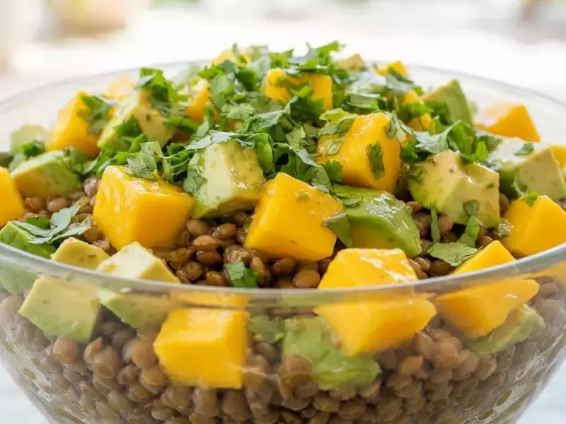 Ensalada de lentejas con aguacate y mango