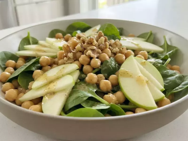 Ensalada texturizada de garbanzos, espinacas y manzana