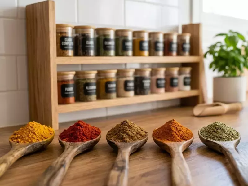 Especias molidas de colores en cucharas de madera