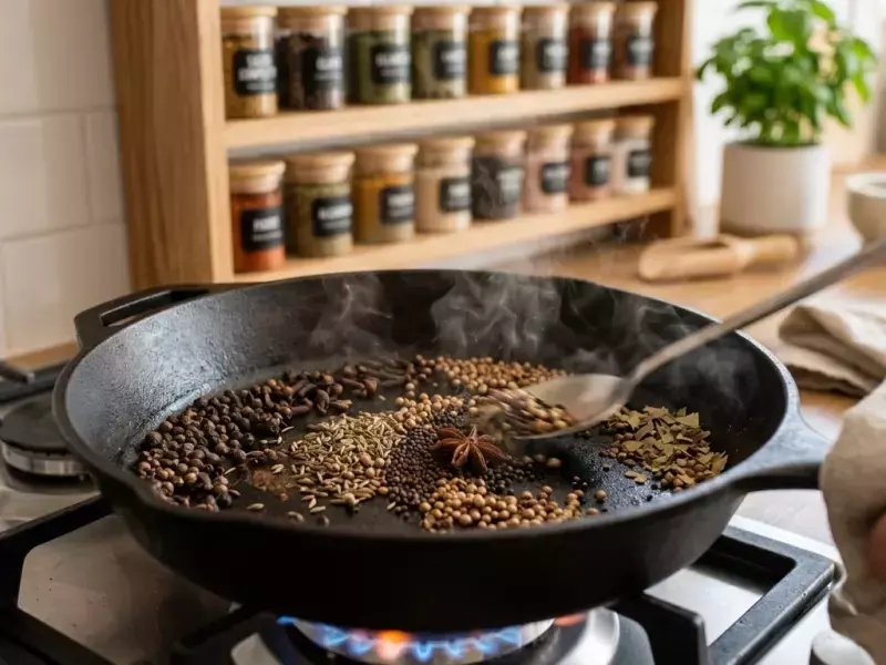 Especias tostándose en una sartén seca