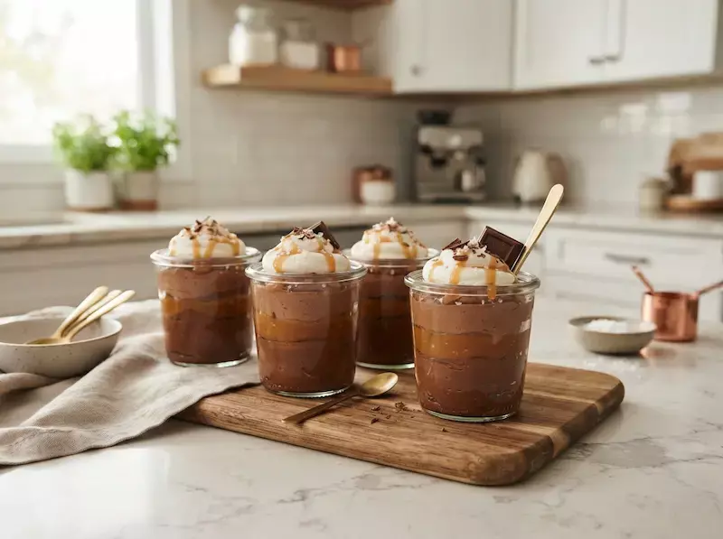 Vasitos de mousse exprés de chocolate y caramelo salado