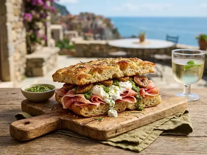 Sandwich de focaccia de romero con prosciutto, burrata, pesto y higo seco