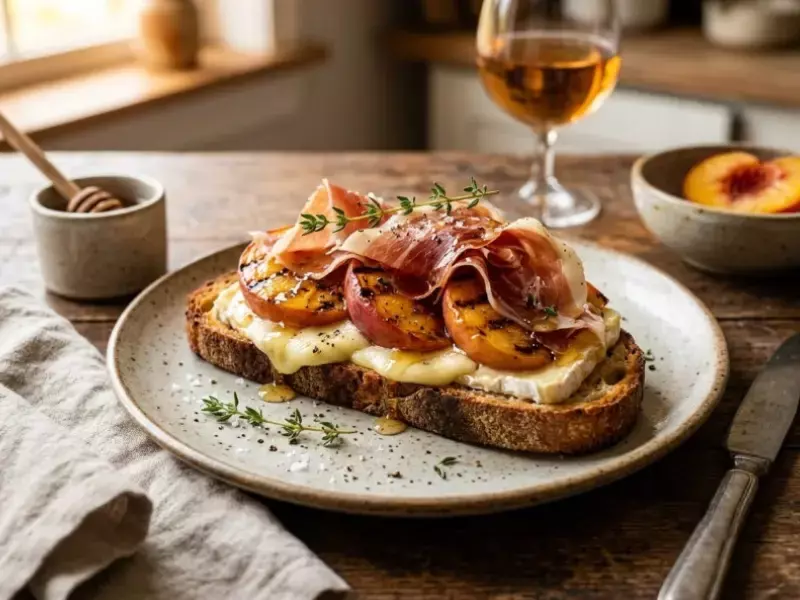 Rebanada de pan de masa madre con melocotón a la plancha, jamón ibérico y queso brie