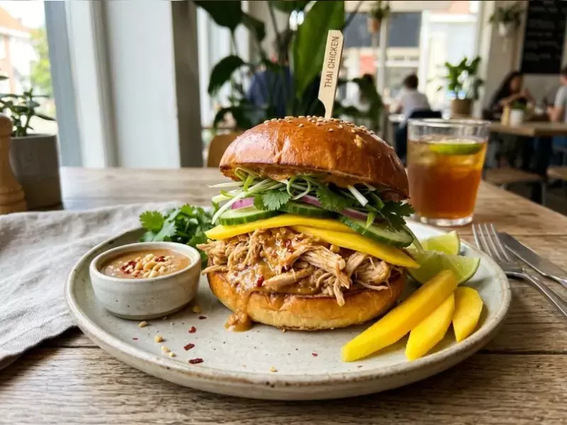Pan brioche relleno de pollo thai con salsa de cacahuete y mango