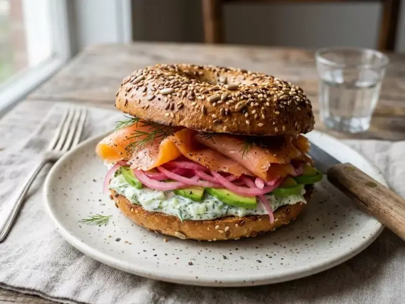 Bagel tostado con salmón ahumado, aguacate y tzatziki de eneldo