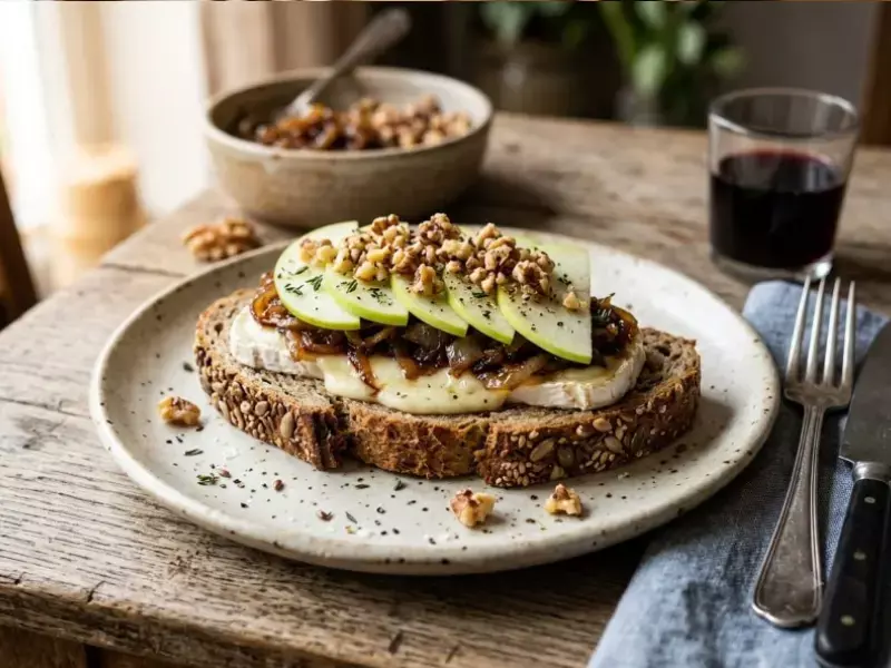 Rebanada de pan de centeno con queso de cabra, cebolla caramellizada, manzana verde y nueces