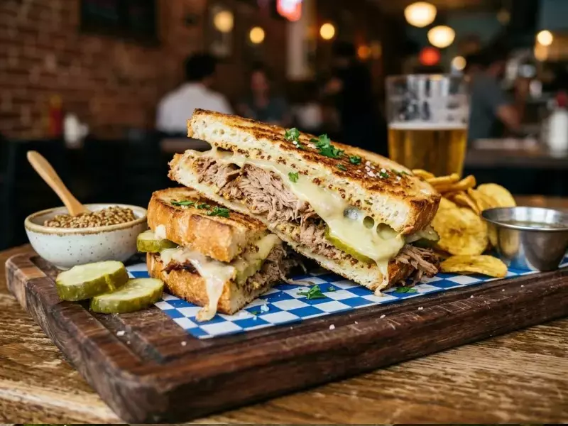 Pan de baguette prensada relleno de pulled pork, emmental, pepinillos y mostaza a la antigua