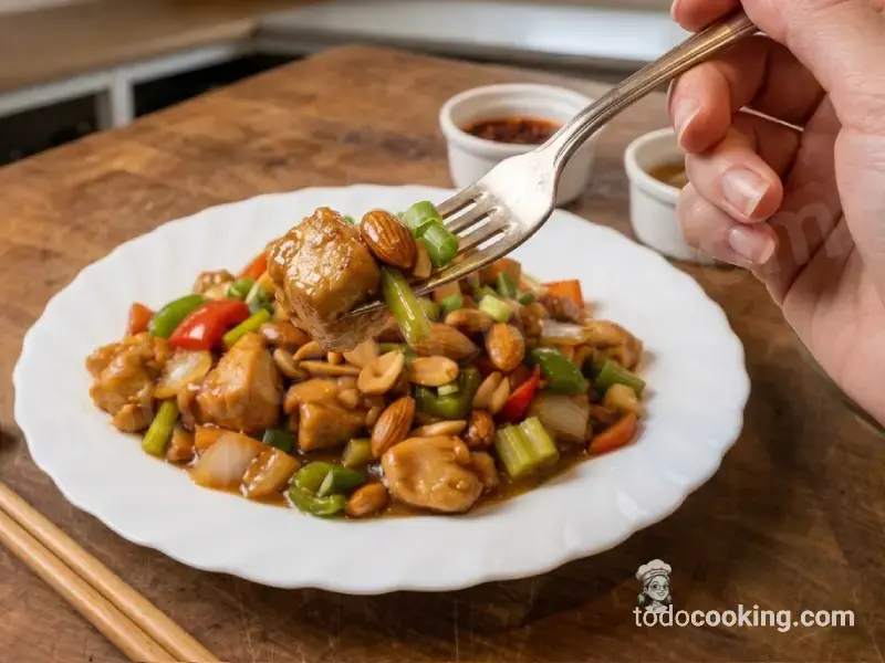 Pollo con almendras al estilo oriental mostrando un poco