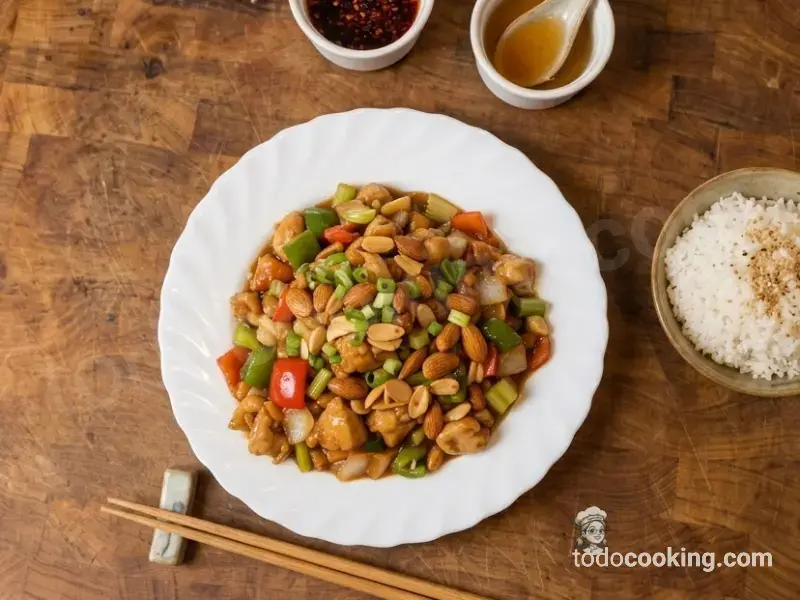 Pollo con almendras al estilo oriental vista cenital